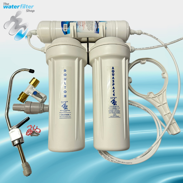 Aquaspace Twin Undersink with 1 Doulton ceramic bacteria + paracite proof pre filter, using our easy install plumbing kit.